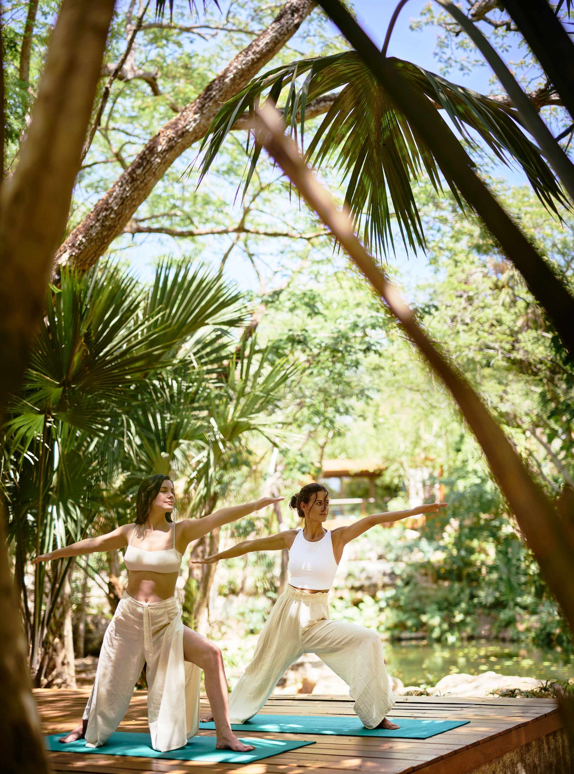 Two ladies doing yoga on a wooden surface with trees all around
