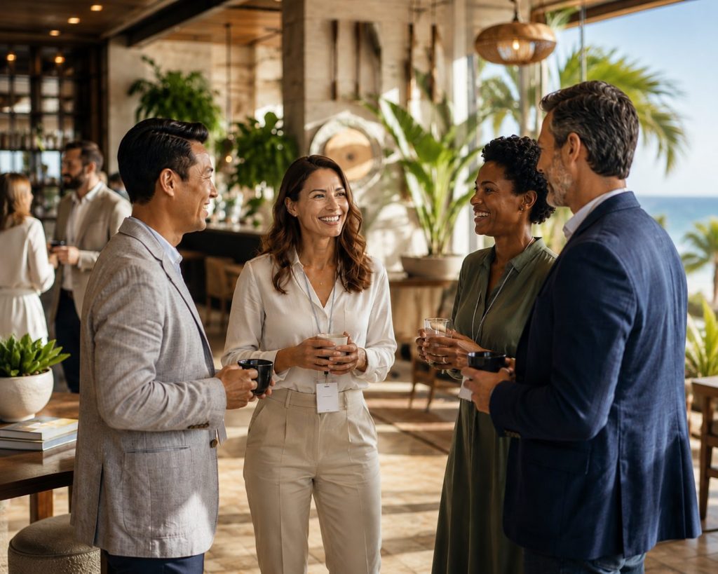 Wellness tourism professionals talking together at a WTA industry gathering