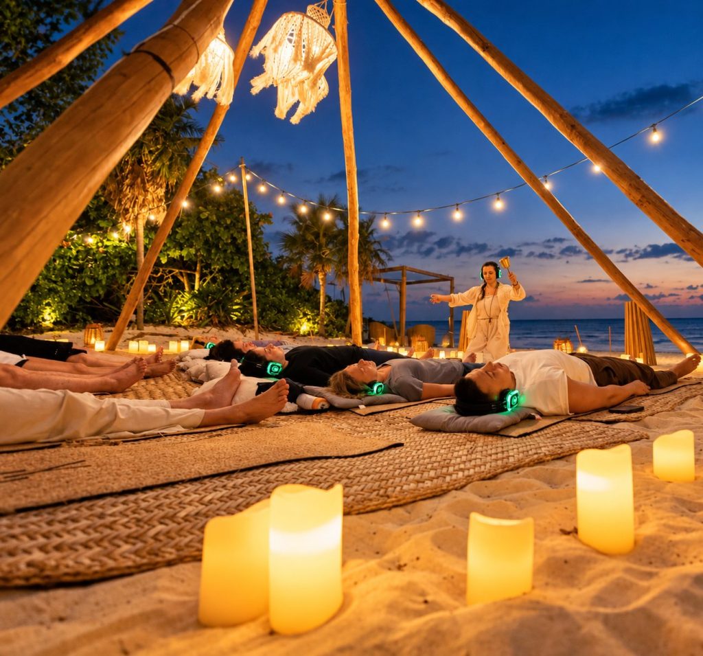 Participants lying on mats during a guided sound session on a beach at dusk, lit by candles and string lights